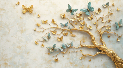  a tree with golden roots and branches. It has blue and gold butterflies coming off of it as if carried by the wind.