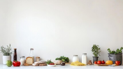 Fresh Groceries on Table with Neutral Background