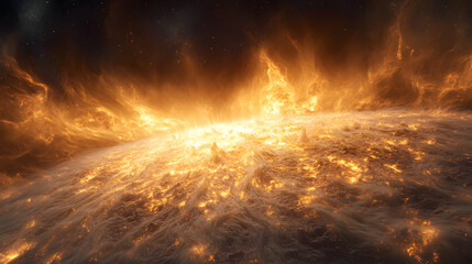 A large orange sun is the center of a fiery scene. The sun is surrounded by a lot of fire and smoke, creating a dramatic and intense atmosphere. Concept of danger and destruction