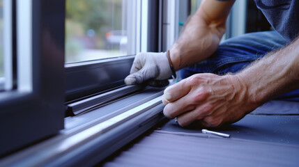 Repairing window seal with hands working carefully on frame