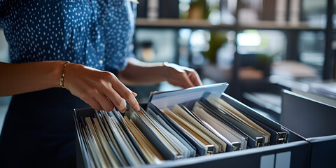 Woman organizing files in a cabinet at an office, Workplace organization and efficient document management
