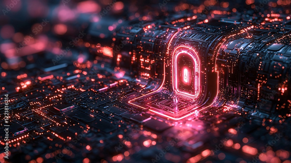 Wall mural abstract futuristic cybersecurity network glowing padlock in digital circuitry