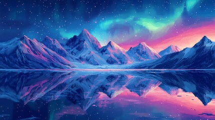 Vibrant aurora borealis illuminates snowcapped mountains reflected perfectly in tranquil lake water. AI Generated