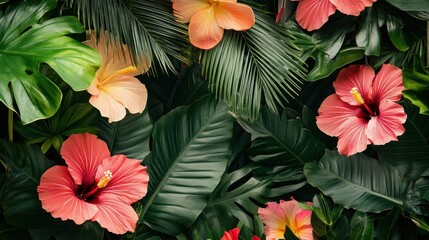 Vibrant Tropical Garden with Lush Flowers and Foliage