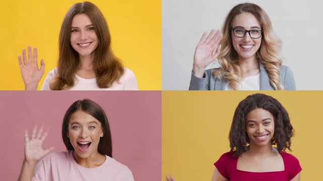 A collage showcasing four people with distinct hairstyles and clothing, all radiating positive emotions. Each individual features a joyful expression against bright backgrounds, emphasizing diversity.