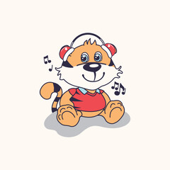 Cute animal vector illustration of a joyful creature enjoying listening to a music ringtone on headphones

