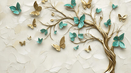  a tree with golden roots and branches. It has blue and gold butterflies coming off of it as if carried by the wind.