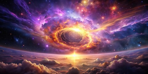 Fototapeta premium Cosmic Vortex Above a Cloudy Planet A Vibrant Celestial Scene