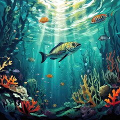 Fototapeta premium the AI Image Generator, Vivid Underwater Scene With Fish and Coral Reef