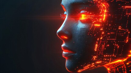 Futuristic AI Woman Digital Face Profile with Glowing Circuitry Technology Concept
