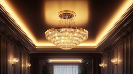 Elegant and Opulent Chandelier Hanging from a Beautifully Decorated Ceiling in a Luxurious Room with Soft Lighting Creating an Inviting and Warm Ambiance Perfect for Formal Gatherings