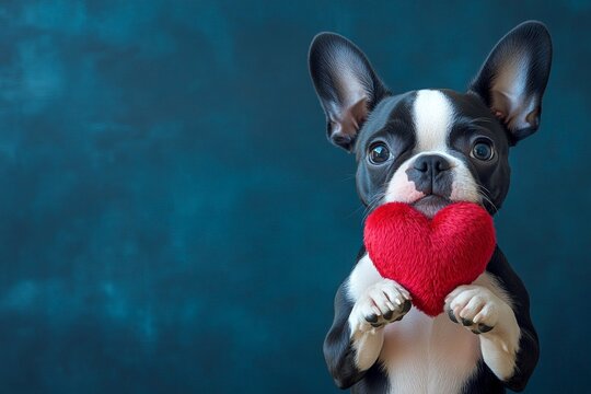 Cute boston terrier hound with fluffy red heart - symbol of love, funny greeting card. Boston terrier - my treasured dog. Ad creative. Pet-themed valentine's day. Friendship with animals.