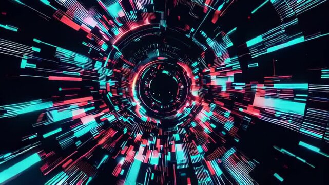 In a virtual space, neon-blue light trails create a tunnel effect during a digital surge, giving a cyberpunk atmosphere. 