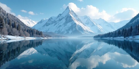 Reflection of a snowy mountain range in a calm lake, alpine, Val di Sole, snow