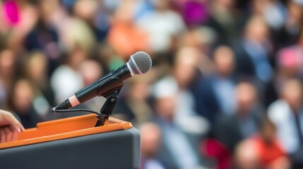 Obraz premium Public Speaking Microphone on Podium with Blurred Audience Background Conference Speech