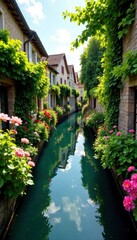 Rustic canal with lush greenery and colorful flowers, waterway, nature, Vallon des Auffes