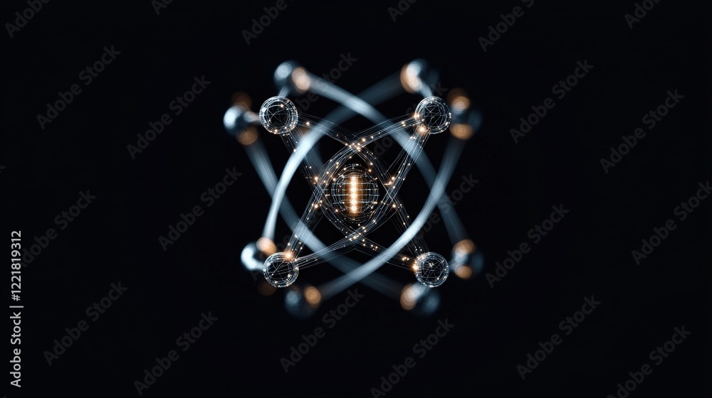 Aufkleber Abstract representation of atomic structure showcasing interconnected particles and energy flows in a vibrant, futuristic design emphasizing science and innovation.