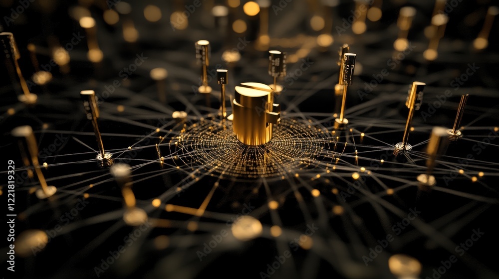 Poster Abstract 3D Visualization of Gold Cylinder Surrounded by Network of Golden Pins Representing Connections and Data Flow in a Digital Landscape