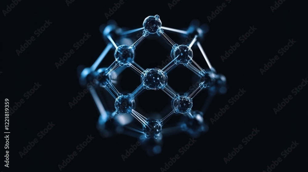 Aufkleber Abstract Three-Dimensional Molecular Structure in Blue Glow Representing Scientific Innovation and Research on Chemistry and Physics Concepts