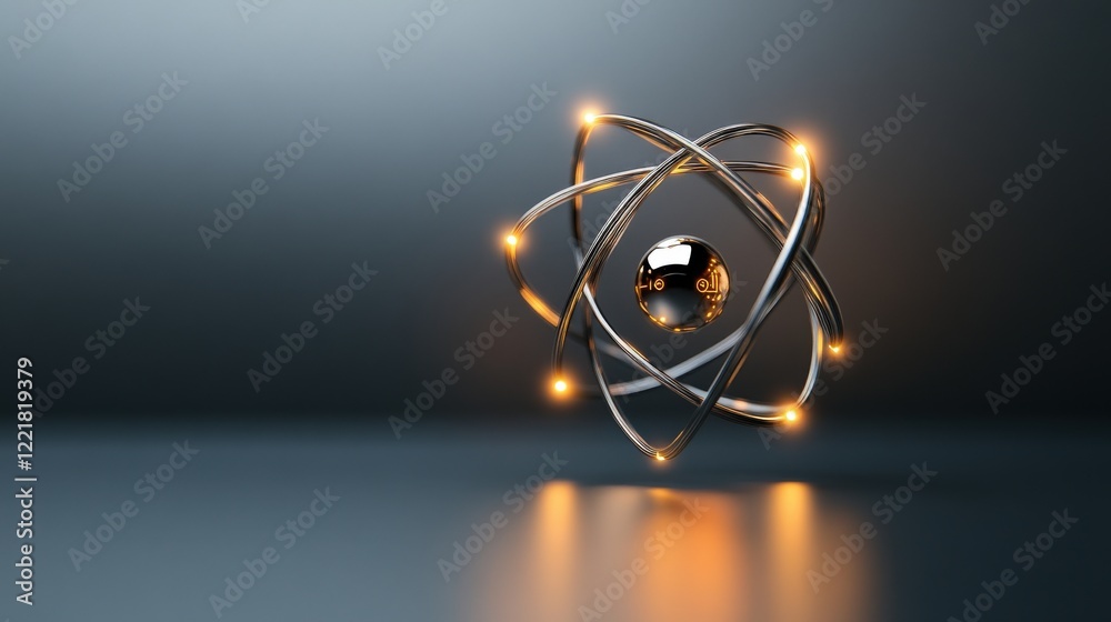 Poster Elegant representation of an atomic structure featuring glowing rings around a central nucleus, ideal for educational and scientific themes in digital design projects.