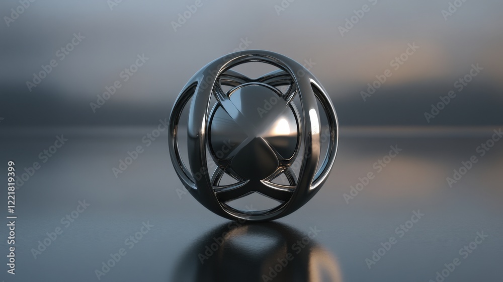Poster Abstract metallic sphere surrounded by intricate loops, reflecting soft light against a blurred background, creating a modern and artistic composition for decor or design use.