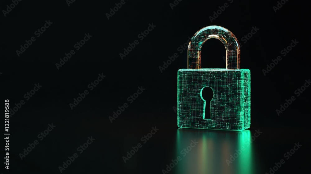 Poster Futuristic Digital Lock Representing Cybersecurity and Data Protection with Neon Glow and Abstract Background for Technology Concepts