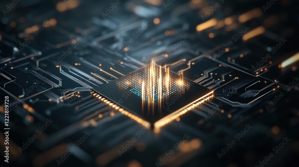 Leinwandbilder Abstract Technology Concept Featuring a Detailed Microchip on a Circuit Board Surrounded by Glowing Lines and Dots Representing Data Flow and Connectivity