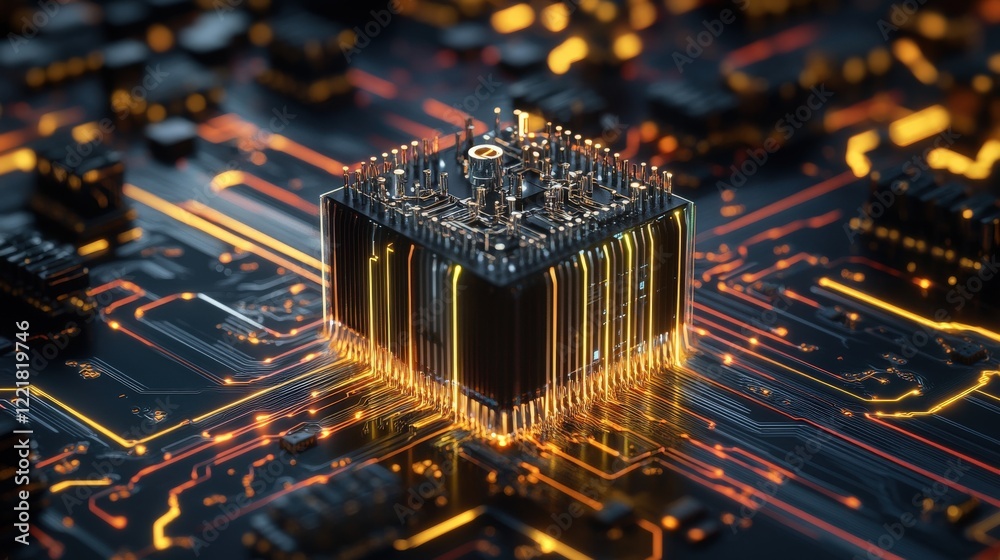 Poster Futuristic Microchip Surrounded by Glowing Circuitry in a High-Tech Abstract Background Illustrating Modern Technology and Electronics Innovation