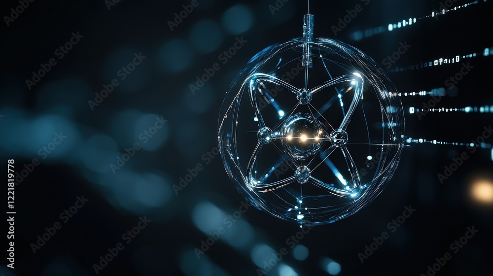 Poster A Stunning Representation of an Atom with Energetic Electrons in a Futuristic Digital Environment Emphasizing Atomic Structure and Scientific Concepts in Blue Light