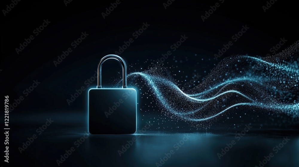 Poster Abstract Digital Lock with Glowing Particles and Waves Representing Security, Technology, and Data Protection in a Futuristic Background