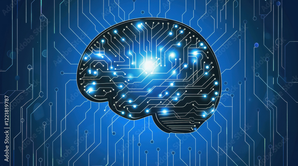 Poster digital brain with circuit patterns and glowing lights, symbolizing technology and artificial intell