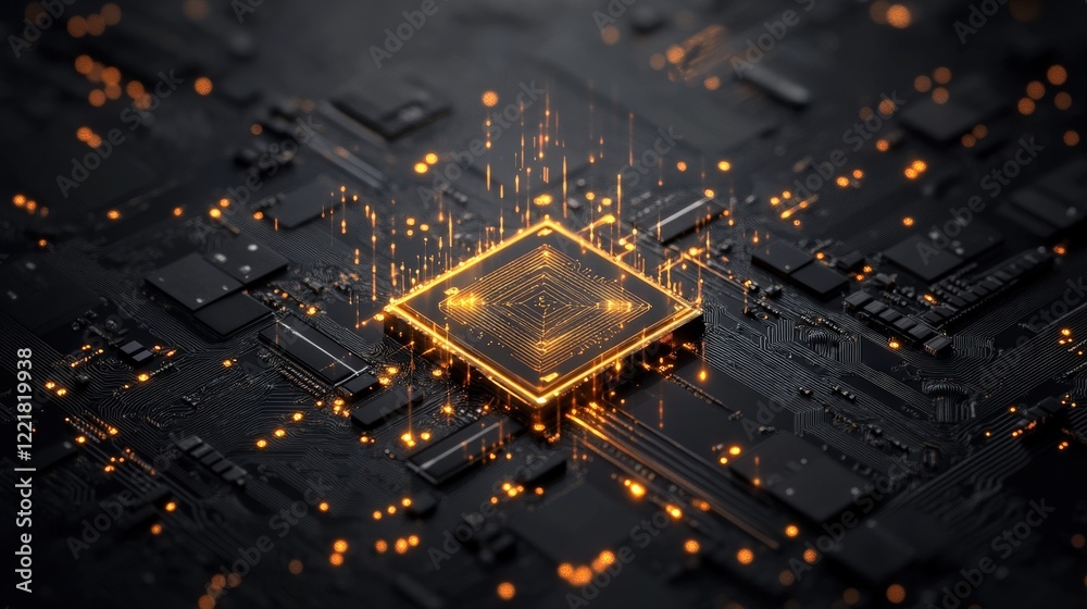 Aufkleber Futuristic Microchip on a Circuit Board Surrounded by Glowing Particles Representing Data Flow and Technology Advancement
