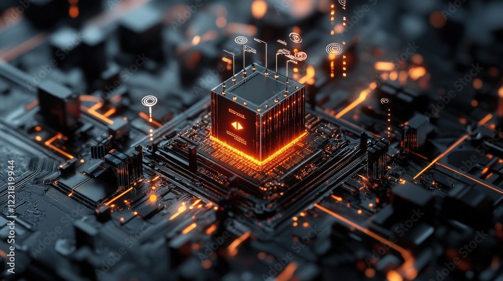 Poster Futuristic Technology Concept with High-Tech Microchip Surrounded by Circuitry and Glowing Elements in a Dark Environment, Representing Advanced Computing Power