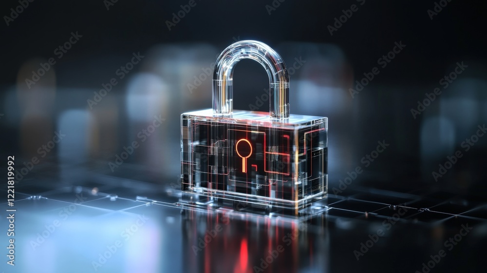 Poster transparent digital padlock symbolizing cybersecurity, data protection, and privacy in a modern tech