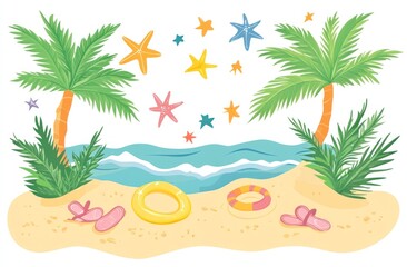 Idyllic Tropical Beach Scene With Palm Trees And Starfish
