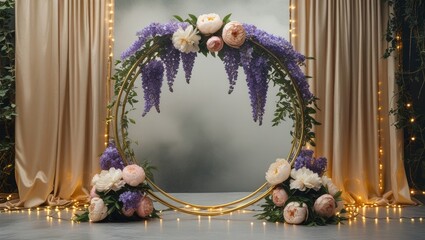 A wedding arch with pink and purple flowers is the central focus.