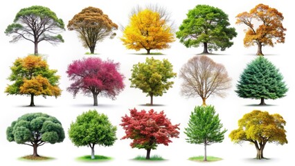 Fototapeta premium Collage of Ten Distinct Tree Types on White Background for Nature Lovers, Botanical Studies, and Educational Use