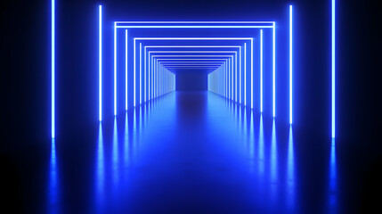 Blue neon light tunnel, abstract background