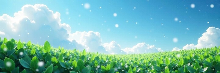 Obraz premium Softly falling snowflakes on a blanket of lush green leaves amidst many puffy white clouds in the clear blue sky, frosty, scenery