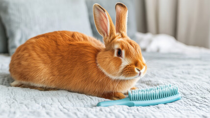 rabbit with soft fur sits beside grooming brush on cozy bed. warm tones of rabbit contrast beautifully with cool colors of bedding and brush, creating serene atmosphere