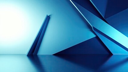 Abstract geometric shapes in shades of blue create a dynamic and futuristic scene with a reflective surface.