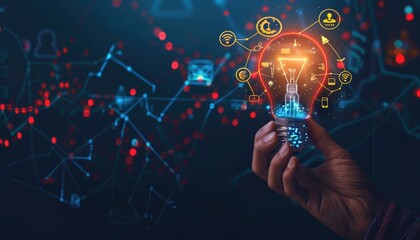 Strategy brainstorming business plan ideas for investment and financial business achievement. glowing light bulb with futuristic graphic icon.