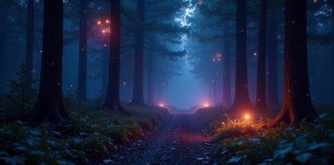 Softly glowing orbs illuminate a dark and mystical forest path, glow, night, ambiance