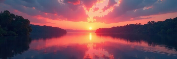 Naklejka premium Softly glowing sunset reflections on river surface, reflection, gentle