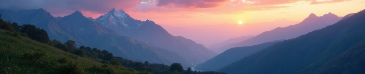 Obraz premium Softly glowing valley nestled between mountain peaks, peaceful, mountains