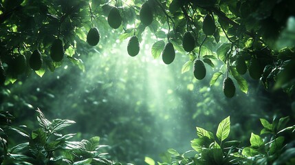 Sunlit avocados hanging on a tree branch in a lush green orchard.
