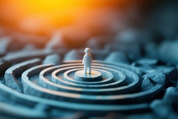 Abstract Representation of a Tiny Glowing Figure Standing on Layers with Radiating Circles in a Dreamy Environment