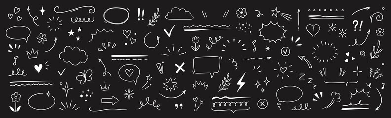 Cute line sketch star, arrow, heart decoration element icon set. Hand drawn sketch doodle cute star, emphasis, flower element. Pen line text decoration shape icon. Chalkboard vector illustration.