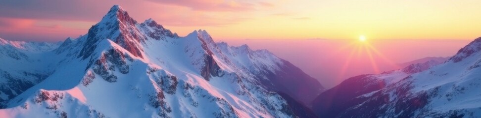 Fototapeta premium Soft sunrise illuminates snowy mountain peaks, soft light, natural