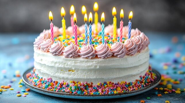 A birthday cake topped with candles, ready for celebration, exuding warmth and festive vibes in a close-up image